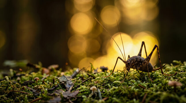 Camel Cricket In Forest Moss At Sunset