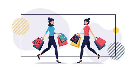 Fototapeta premium Two stylish young women walking and carrying multiple colorful shopping bags after a successful day at the mall or retail store.