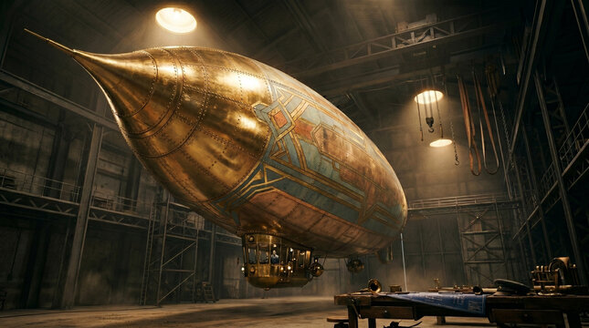Vintage steampunk airship with intricate copper and bronze details in a dimly lit industrial hangar setting