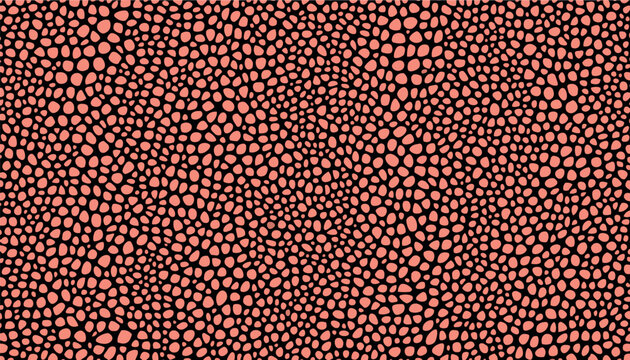 Seamless abstract organic cell pattern. Coral pink Voronoi pebble texture on a black background, perfect for modern textile designs, wallpapers, and fashion backdrops.
