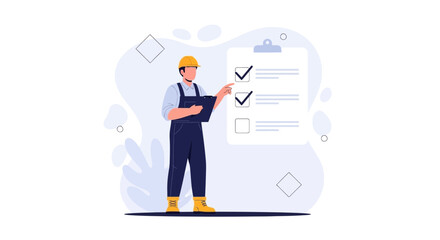Fototapeta premium Construction worker completing a checklist on a clipboard, modern flat illustration style