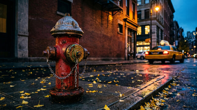 Old red fire hydrant on a wet sidewalk with yellow leaves and a city street background