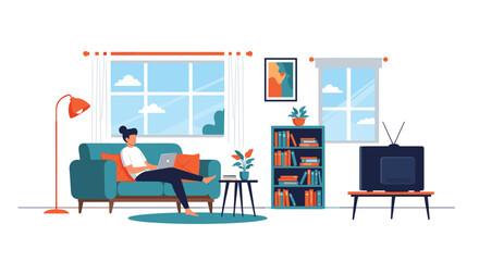 Fototapeta premium Young woman relaxing on a comfortable sofa while working on her laptop in a cozy living room with a bookshelf and TV.