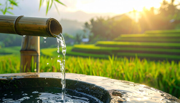 Water flowing from bamboo spout into a stone basin with bright sunlight backdrop