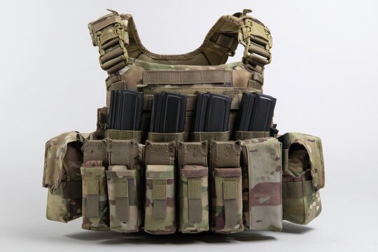 Tactical military plate carrier vest with ammunition magazines isolated on white background