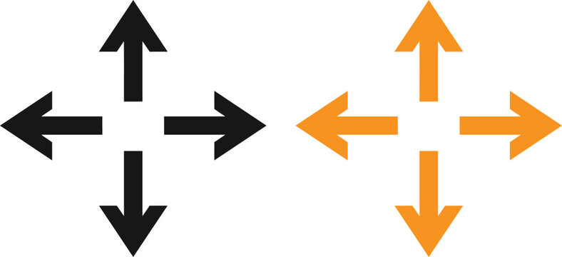 Set of black and orange four way arrows pointing in different directions as a vector icon design