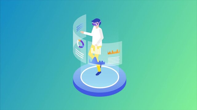 Male character in virtual reality goggles. VR technology gradient concept. 3d isometric footage.