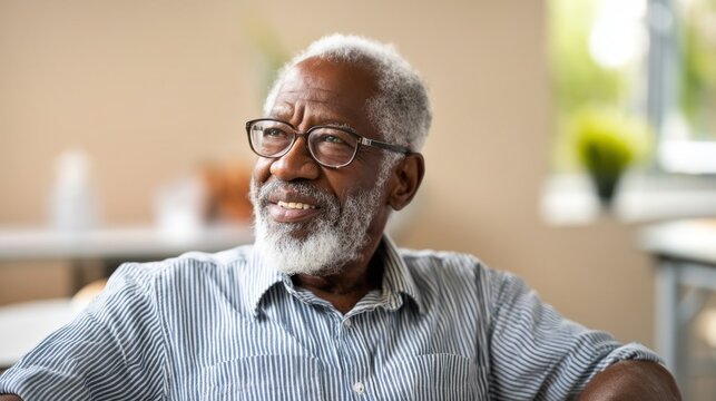 Thoughtful senior man with gray beard and glasses sitting indoors, smiling.