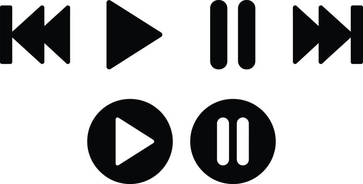 Set of black media player control icons including play pause and skip buttons