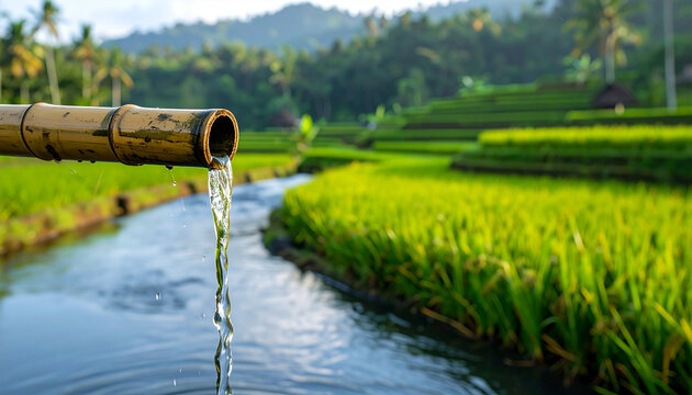 Water flowing from bamboo spout into stream beside rice terraces