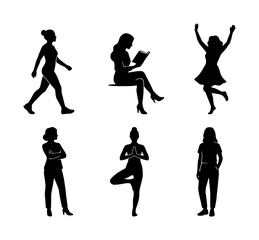 Obraz premium Diverse Female Silhouettes Collection, Six Vector Poses for Lifestyle and Wellness Graphics, Black and White Human Figures