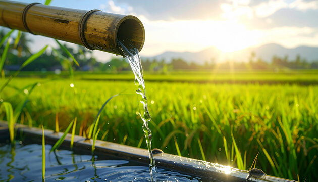 Water flowing from bamboo spout over green field at sunset