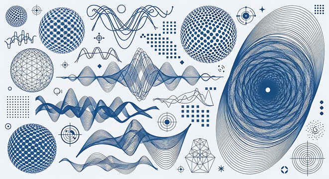 Abstract geometric digital glitch art patterns and wave elements set with abstract geometric futuristic technology background movement vibration