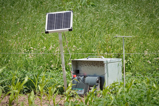 Ein Weidezaunger&auml;t mit Solarpanel der Marke VOSS.farming, das Strom f&uuml;r elektrische Z&auml;une erzeugt am 14. Juni 2026 auf einer Wiese in Maisenbach-Zainen