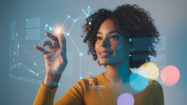 A young woman interacting with futuristic digital interface and advanced data technology