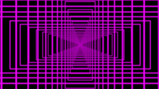 Neon pink geometric tunnel background with infinite grid perspective and futuristic motion