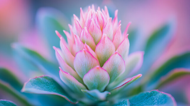 Macro photography of beautiful Leucadendron flower with soft pink and green petals, showcasing intricate botanical textures and dreamy blurred pastel background lighting effects
