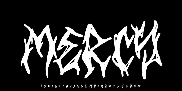 Y2k gothic font, horror scary typeface, punk metal type, dark demon abc alphabet. Horror font letters and numbers vector typography on black grunge background. Y2k spiky type english abc characters