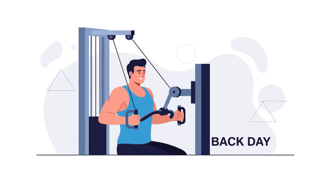 Fit Man Exercising Back Muscles on Cable Crossover Machine in Gym - Vector Illustration