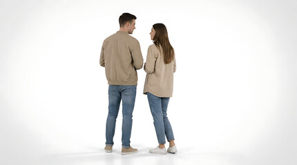 Full body shot of a young couple standing on a white background, looking at each other and talking, dressed in casual clothes.