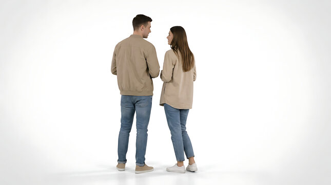 Full body shot of a young couple standing on a white background, looking at each other and talking, dressed in casual clothes.
