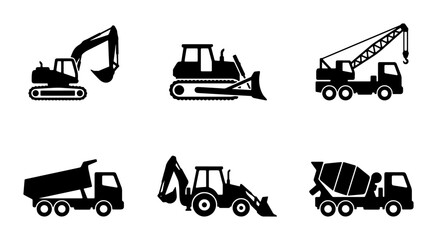 Heavy Construction Equipment Icons Set, Industrial Machinery Vector Graphics, Excavator, Bulldozer, Crane, Dump Truck, Loader, Cement Mixer Silhouettes © Jannatul