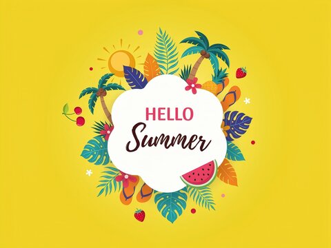 Hello summer background with tropical palm leaves, watermelon, flip flops, sun, and fruits on yellow background
