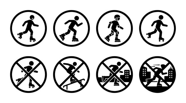 Rollerblade Icons Set, Safety Warning Signs, Prohibited Actions, Urban Environment, Vector Graphics