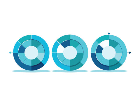 Three blue pie charts with different colored sections on white background