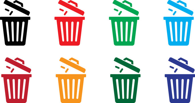 Set of colorful trash can icons with open lids for web and app design
