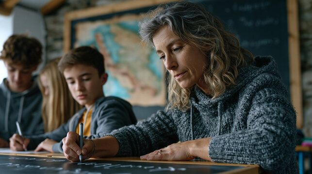 Welsh language teacher writes a dying dialect phrase on a blackboard in a sparse village schoolroom, three teenage students copying carefully, faded historical language map pinned behind her, langua