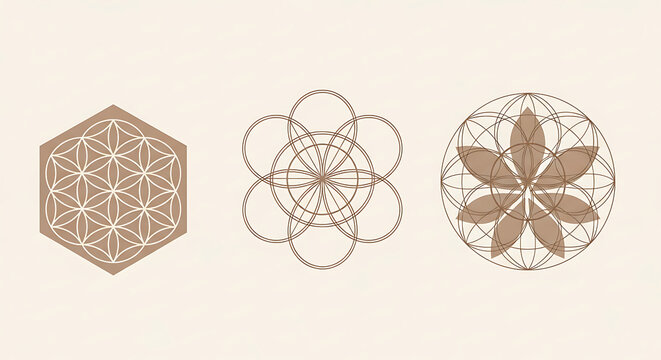 Set of three sacred geometry symbols in beige with geometry spiritual mathematics esoteric mystical symmetry abstract ornament meditation structure