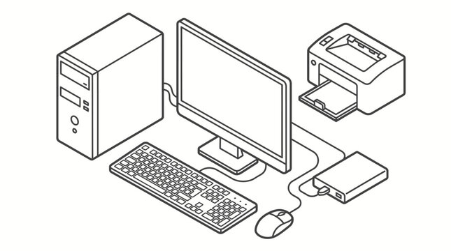 Isometric desktop computer workstation with printer and peripherals