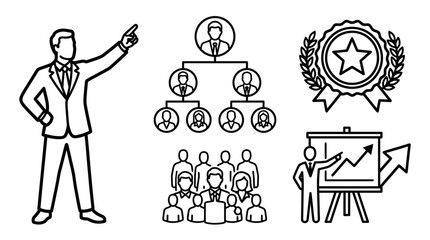 Fototapeta premium Business leadership management and team growth line icons