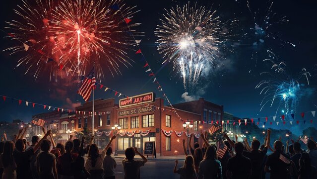 4th of july celebration with fireworks and american flags