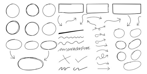Fototapeta premium Hand Drawn Highlight Elements Set. Scribble Circles, Arrows, Underlines and Check Marks, Doodle Marker. Round oval, circle scribble frame, arrow elements. Vector Illustration