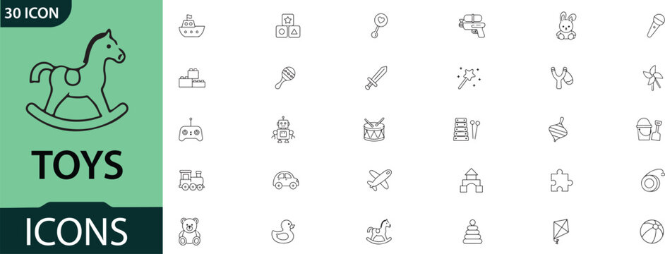 Toy icons set rocking horse building blocks and childhood playthings collection