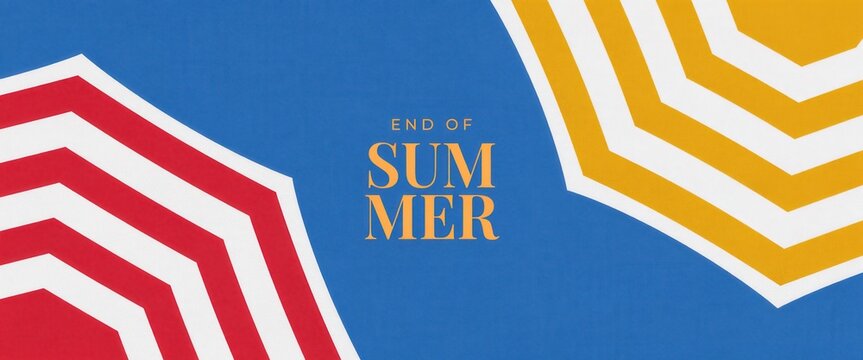 End of summer concept with beach umbrella patterns on a blue background, flat lay top view design