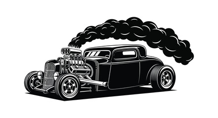 Vintage hot rod car with raised engine and smoke trail black and white silhouette © Laily begum