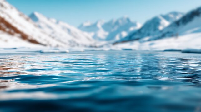 A serene view of clear blue water with snow-covered mountains and a bright sky in the background.