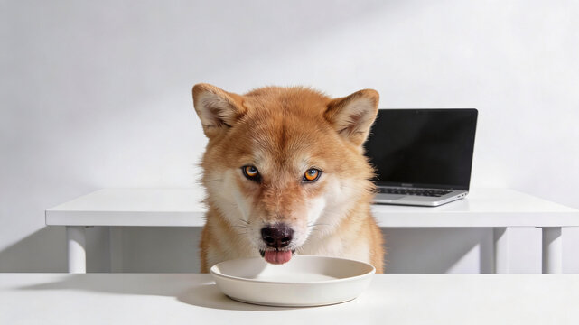 A charming Shiba Inu sits at a minimalist white desk, playfully licking an empty bowl with a laptop in the background, set in a bright office.