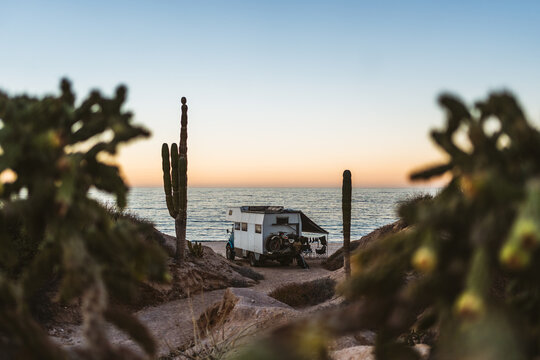 Off-road camper framed by desert plants at coastal sunset