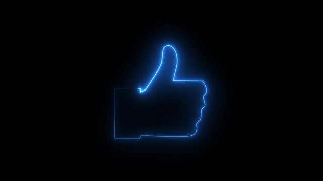 Glowing neon blue Hand thumb up icon on black background. Neon Outline Like icon. Social media like increasing animated like button 4k animation.
