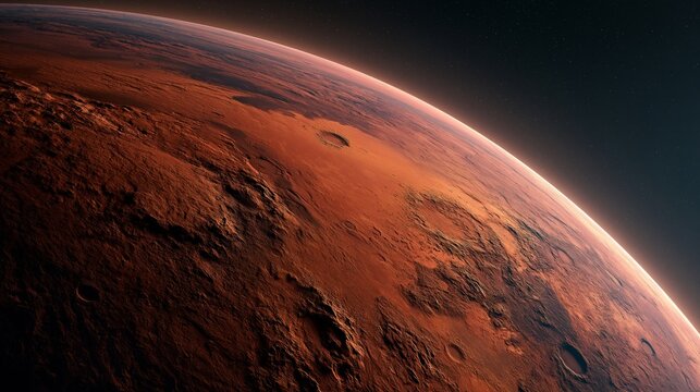Detailed view of a rugged red planetary landscape with craters and dramatic horizon against a star filled deep space background