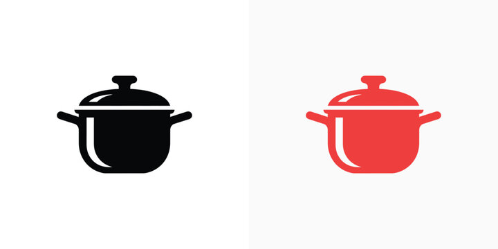 Black and red cooking pot icons with lid for culinary branding