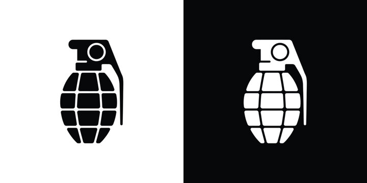 Black and white grenade icon with safety pin on white and black backgrounds