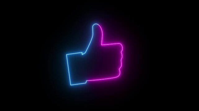 Glowing neon red Hand thumb up icon on black background. Neon Outline Like icon. Social media like increasing animated like button 4k animation.
