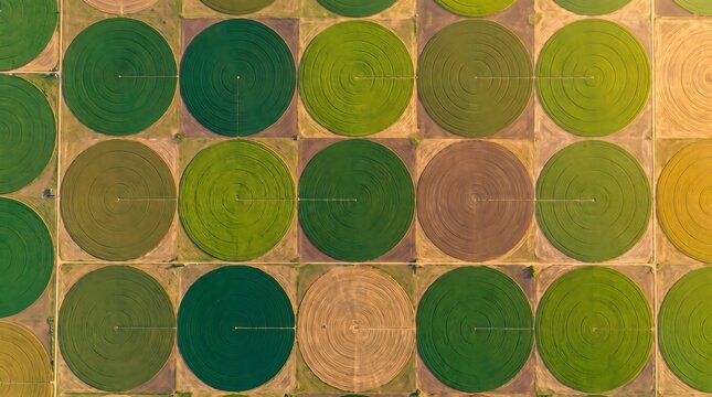 Aerial view of circular agriculture crop fields showing geometric patterns