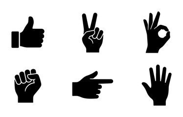 Fototapeta premium Set of 6 Black Hand Gestures Icons, Vector Graphics for Communication and Approval, Simple Silhouette Symbols