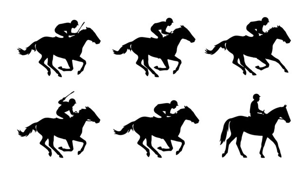 Horse Racing Silhouettes Set, Jockey Rider Galloping Action, Equestrian Sport Vector Icons, Dynamic Speed Motion Graphics